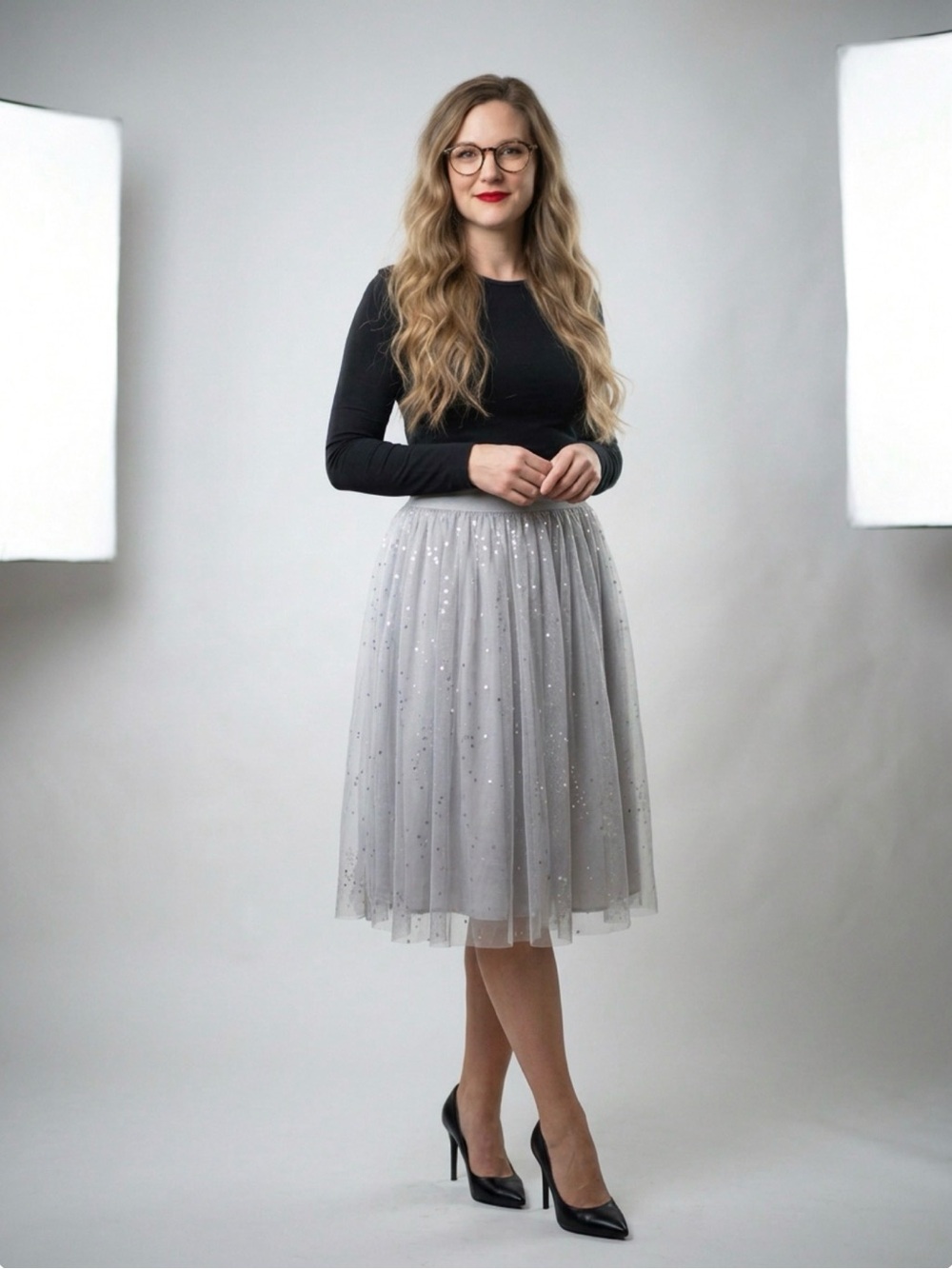 Silver Sparkle Tulle Midi Skirt Size Medium